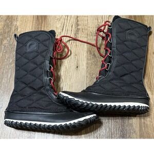 Sorel Women's Out N About Tall Snow Boots Size 7 Black Red Faux Fur Quilted Warm